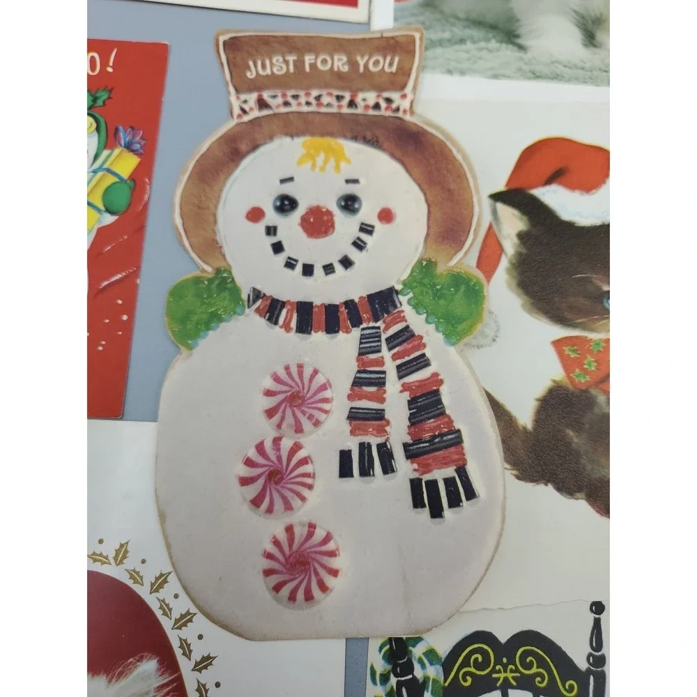 7 Old‎ Vintage Used Greeting Card Fronts Christmas Cute Kawaii cat dog Snowman
